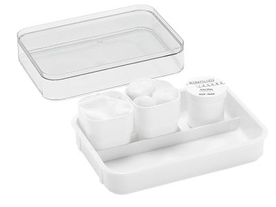 mevithos Mundpflegetablett mit Deckel, 2 Becher und 1 Schraubdose für Mundpflegelösung, 25,3 x 17,6 x 8,8 cm