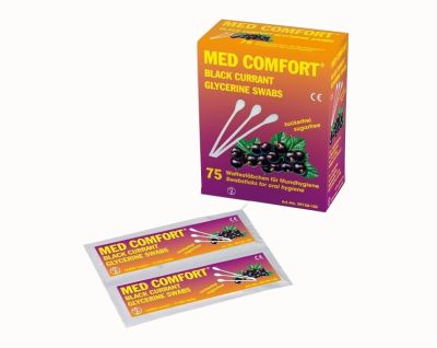 MED-COMFORT Johannisbeer Sticks,Mundpflegestäbchen, PE-Stäbchen mit Wattekopf, 25 x 3 Stück, 15 cm