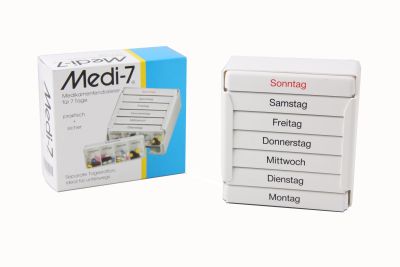 Medi 7 Medikamentendispenser 440898, Spenderbox mit 7 Tagesdispensern und Deckel, 12,5 x 5 x 1 cm